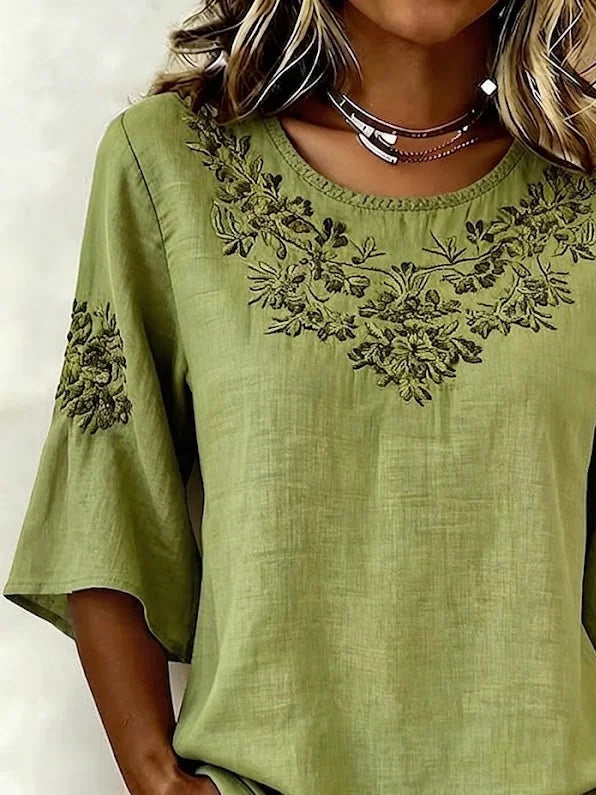 Margot Floral Linen Blouse Green 2