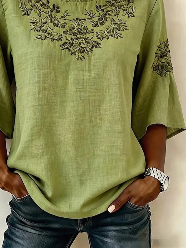 Margot Floral Linen Blouse Green 3