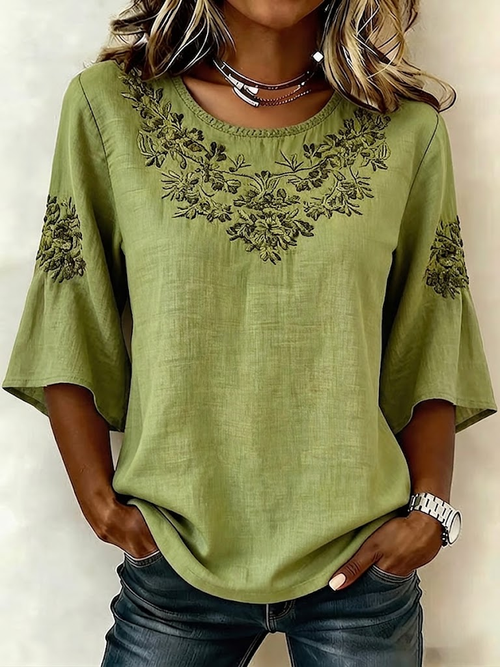 Margot Floral Linen Blouse Green 1