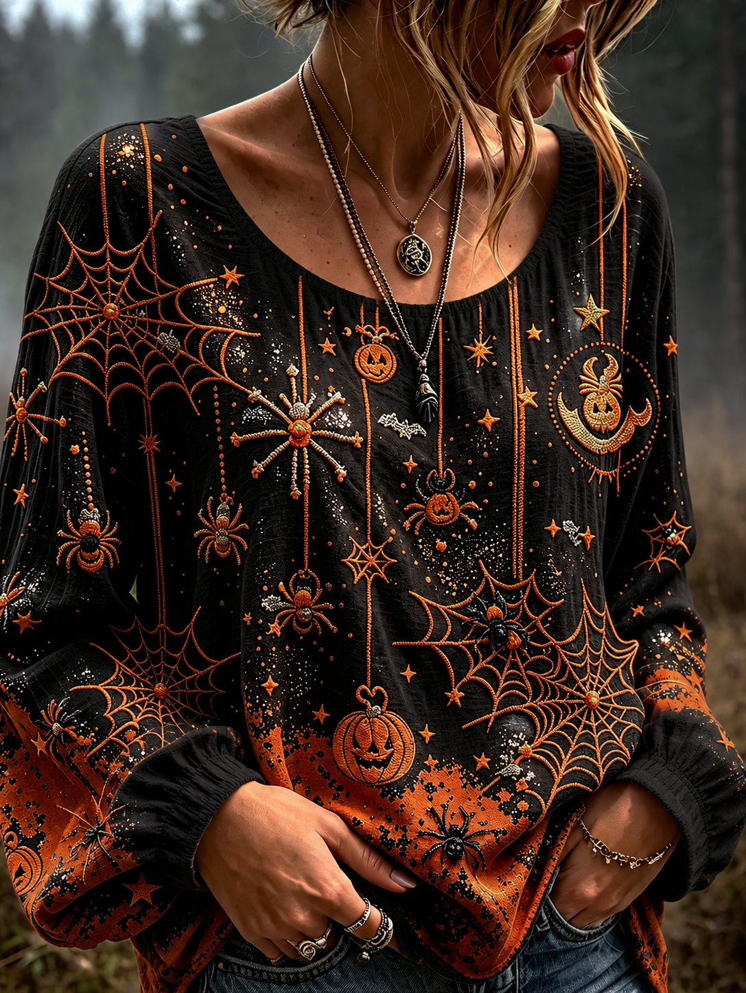 Ophelia Pumpkin Print Long Sleeve Blouse Black 1