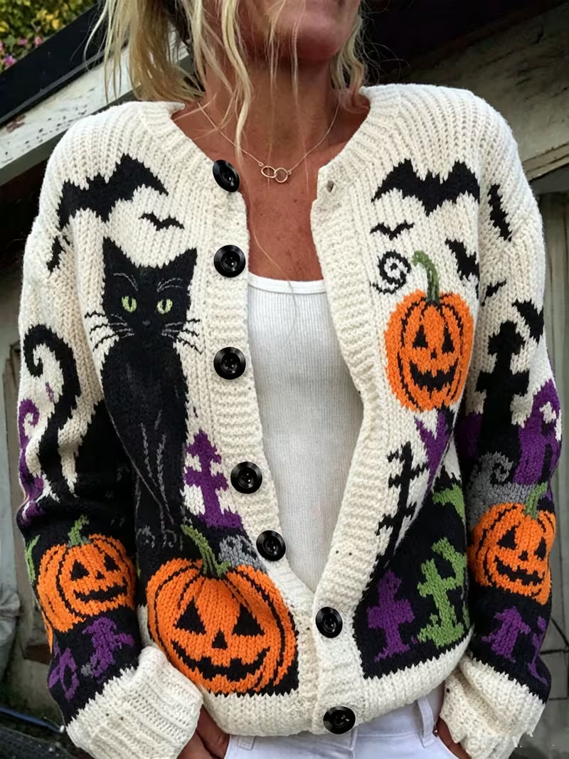 Vivienne Knit Cardigan in Black Cat Print Off White 1