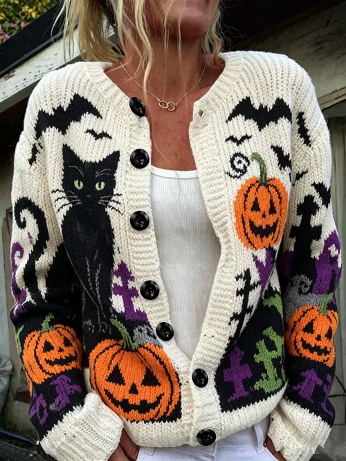 Vivienne Knit Cardigan in Black Cat Print Off White 1