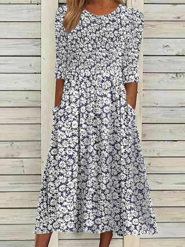 Iona Daisy Print Midi Dress Navy-White 1