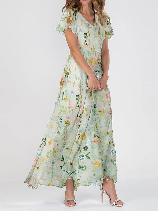 Harlow Floral Ruffle Maxi Dress Light Green 2