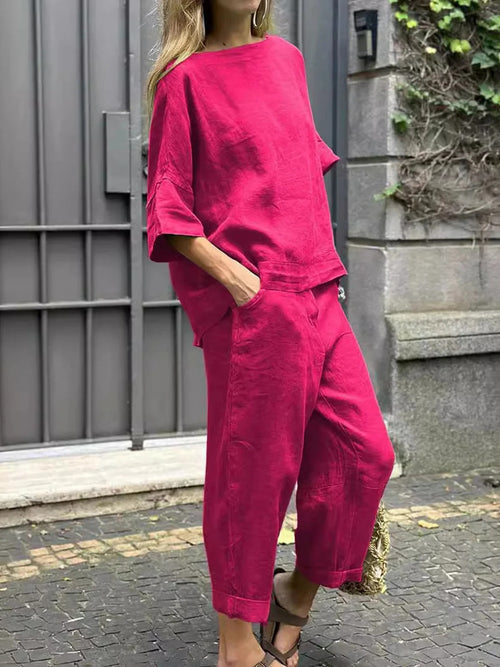 Isabelle Linen Two-Piece Set Rose Red 1