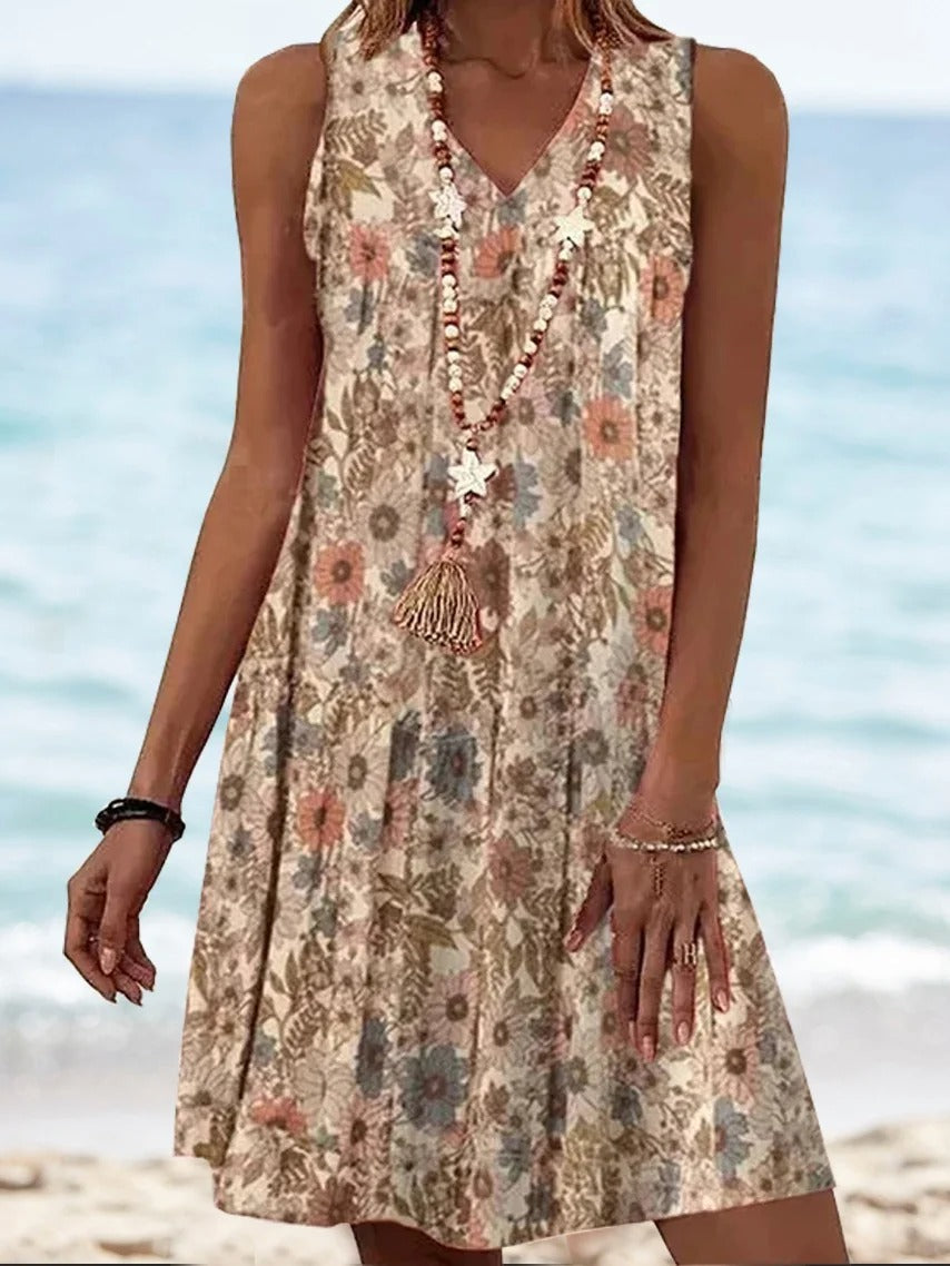 Noor Floral Print V-Neck Dress Khaki 1