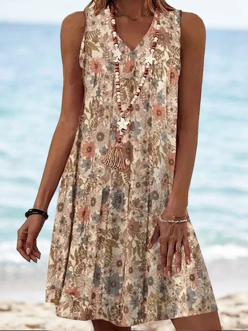 Noor Floral Print V-Neck Dress Khaki 1