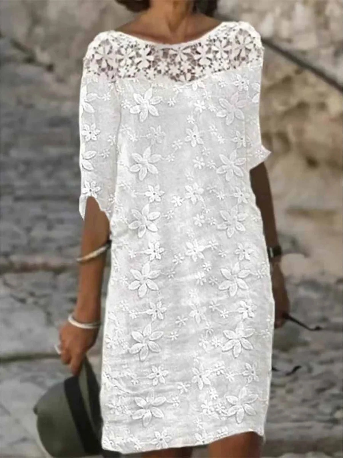 Evadne Lace Three-Quarter Dress White 1