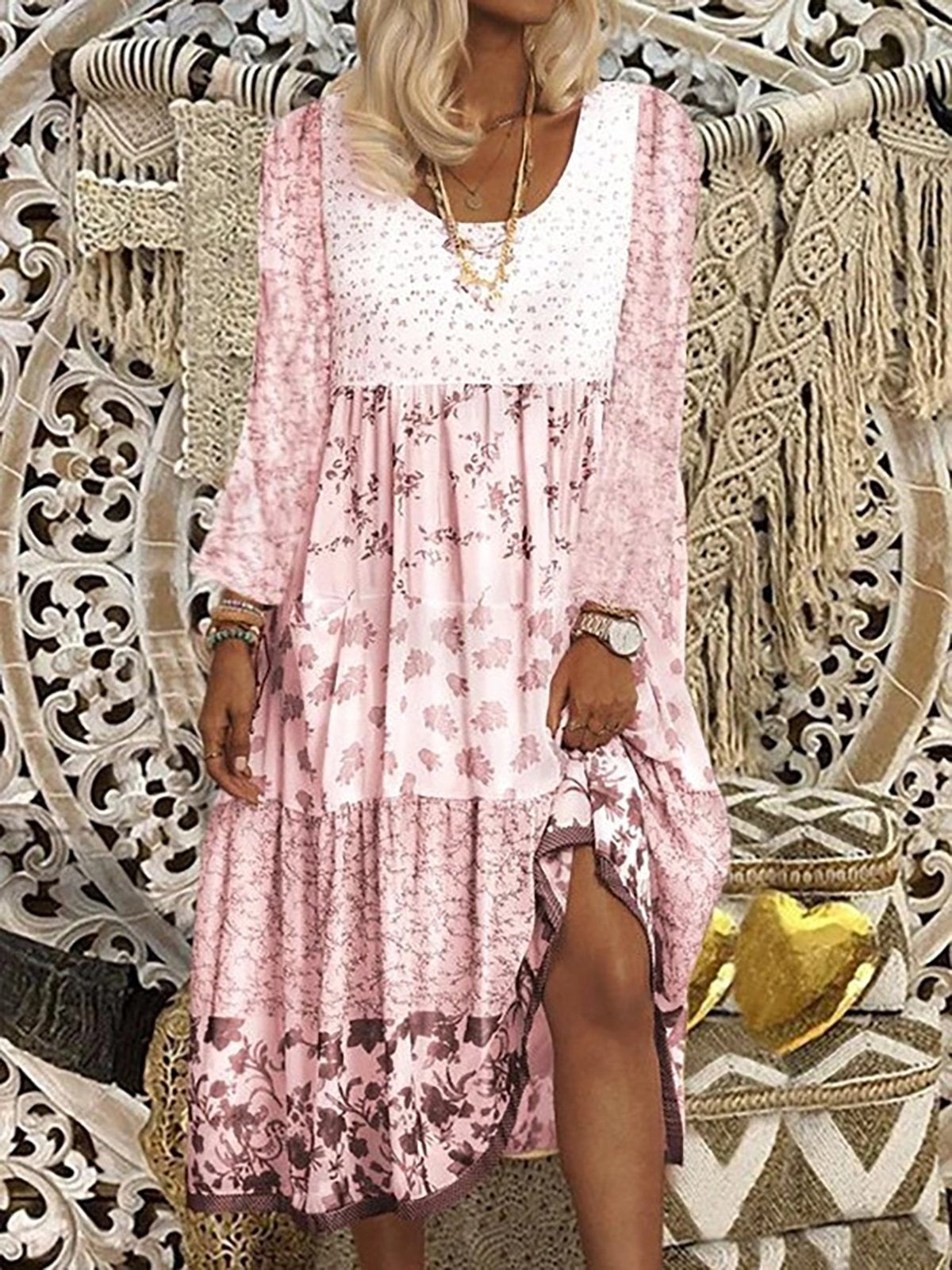 Rania Floral Boho Midi Dress Pink 1