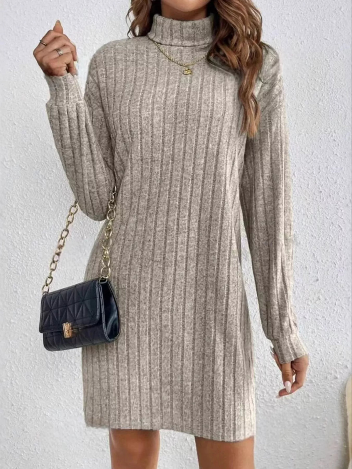 Margot Ribbed Knit Turtleneck Mini Dress Black 1