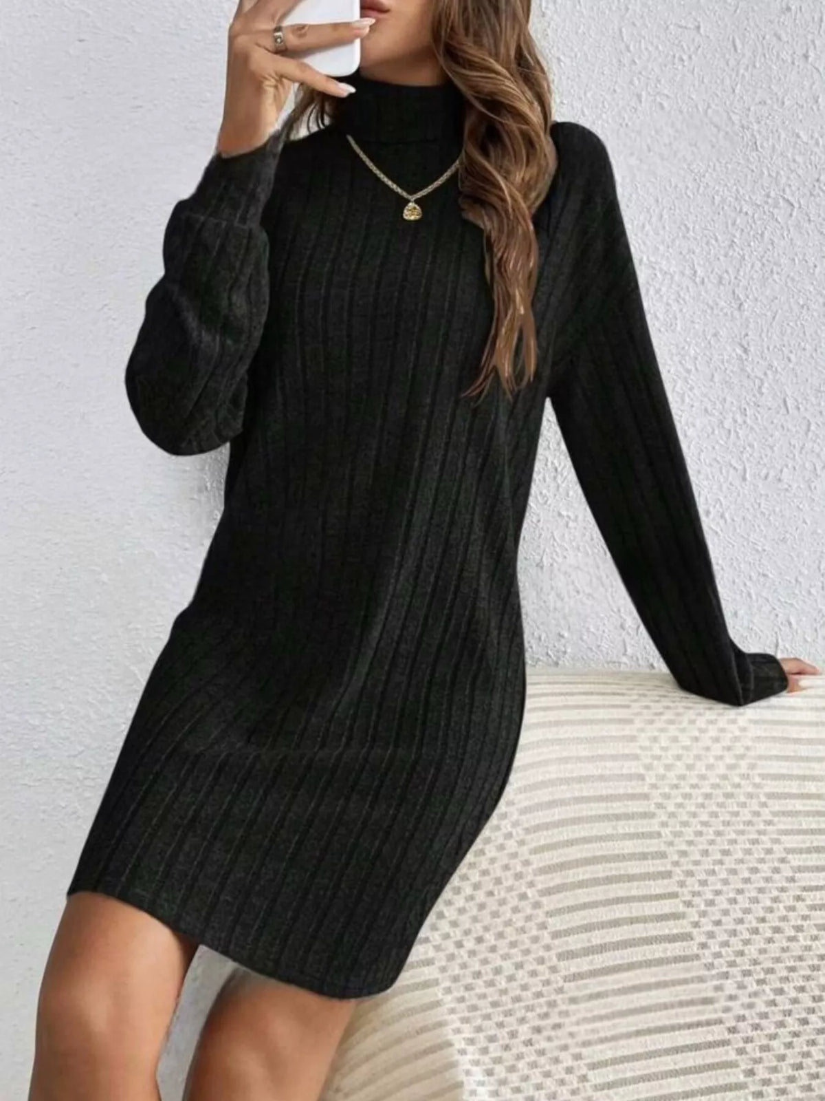 Margot Ribbed Knit Turtleneck Mini Dress Black 9