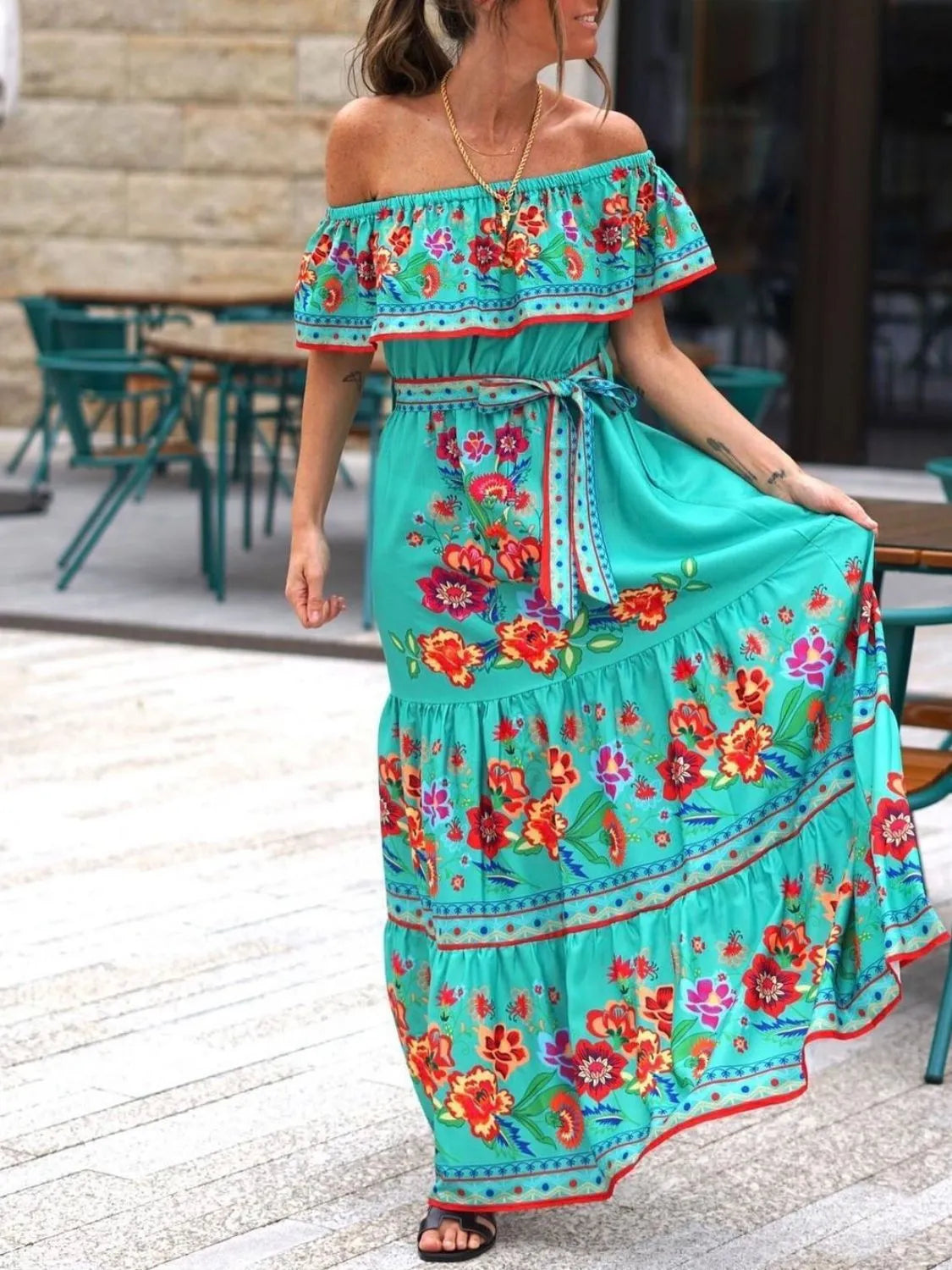 Aurelia Floral Off-Shoulder Maxi Dress Blue 10