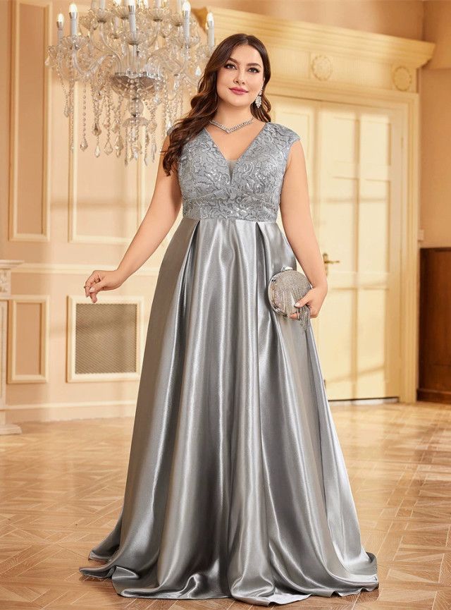 Isabelle Satin V-Neck Midi Dress in Smoke Gray 1
