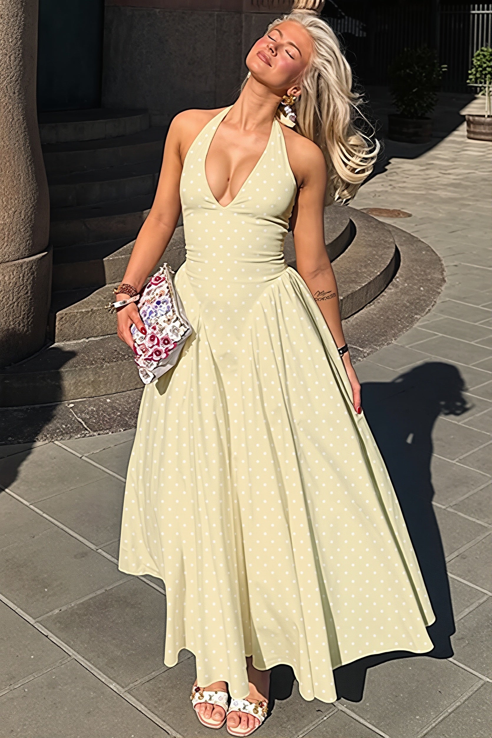 Margot Polka Dot Halter Maxi Dress Yellow 3