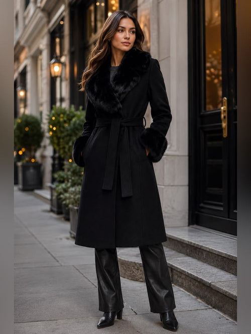 Margot Belted Wool Coat with Faux Fur Trim Black 1