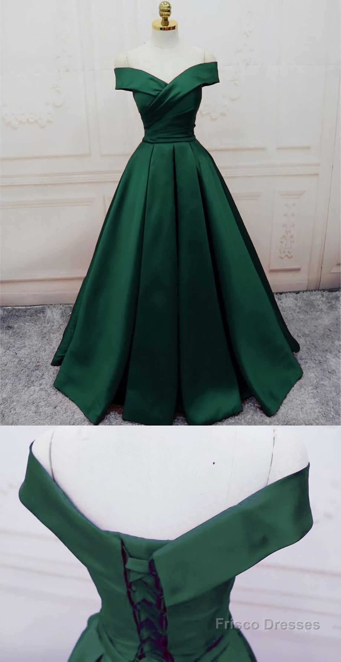 Valentina Off-Shoulder Satin Maxi Dress Emerald 1