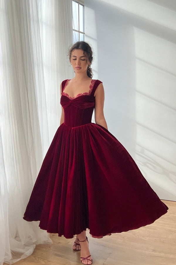 Manon A-Line Velvet Prom Dress Burgundy 1