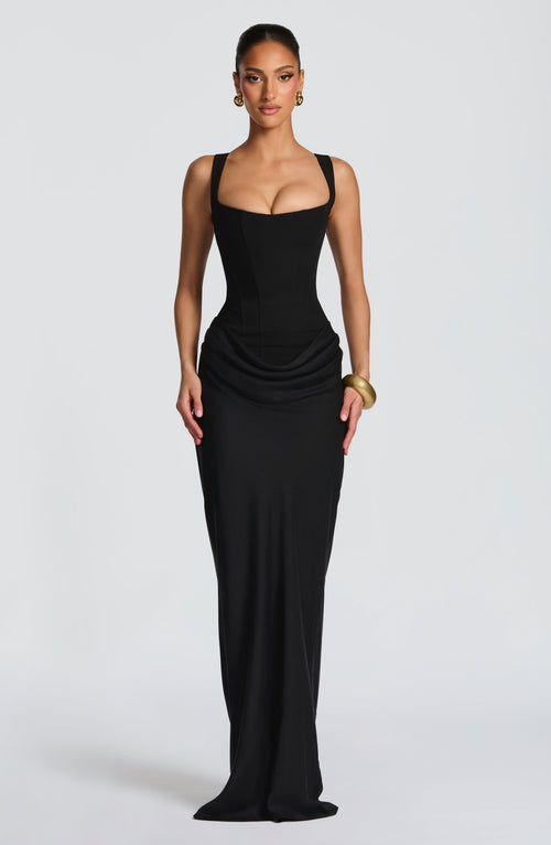Cornelia Satin Maxi Dress in Black Black 1
