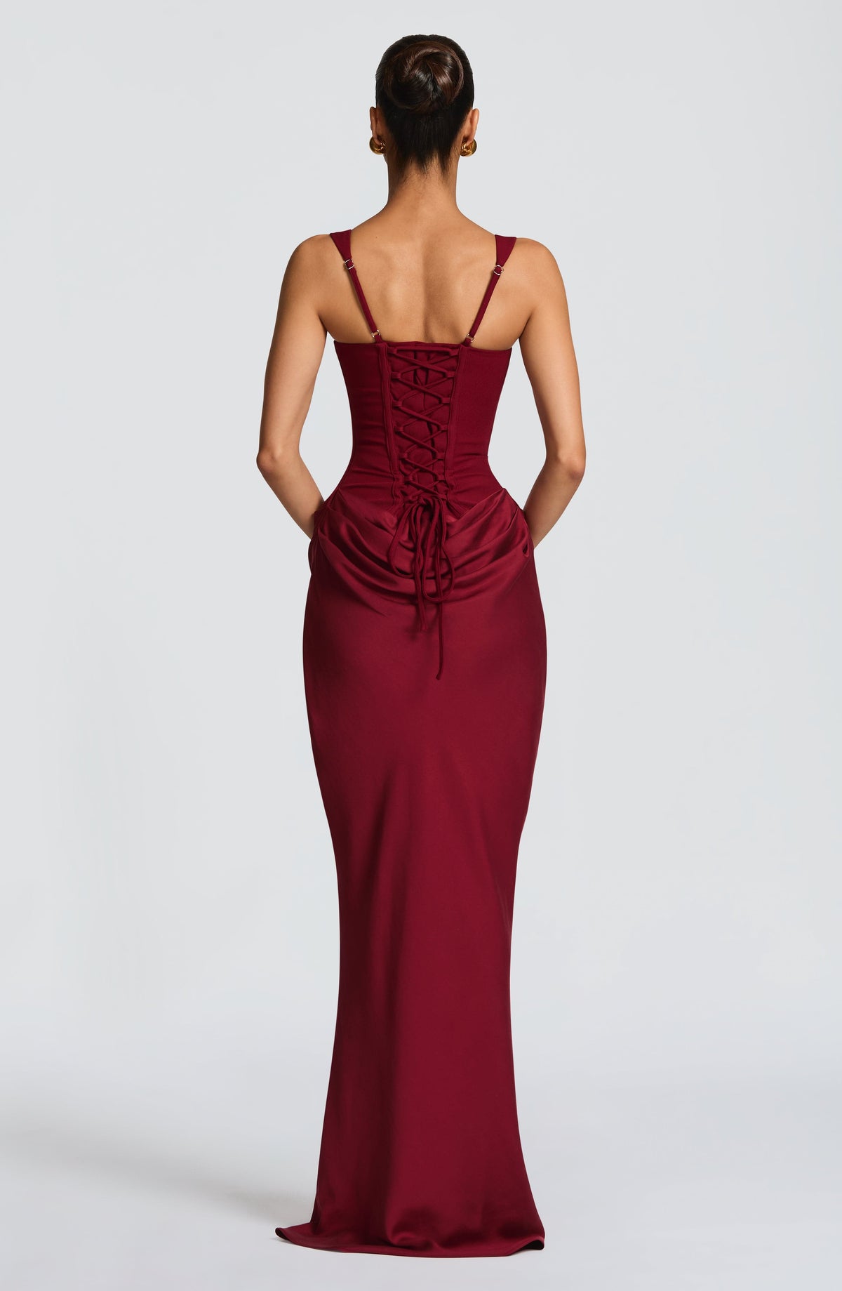 Cornelia Satin Maxi Dress in Black Burgundy 3