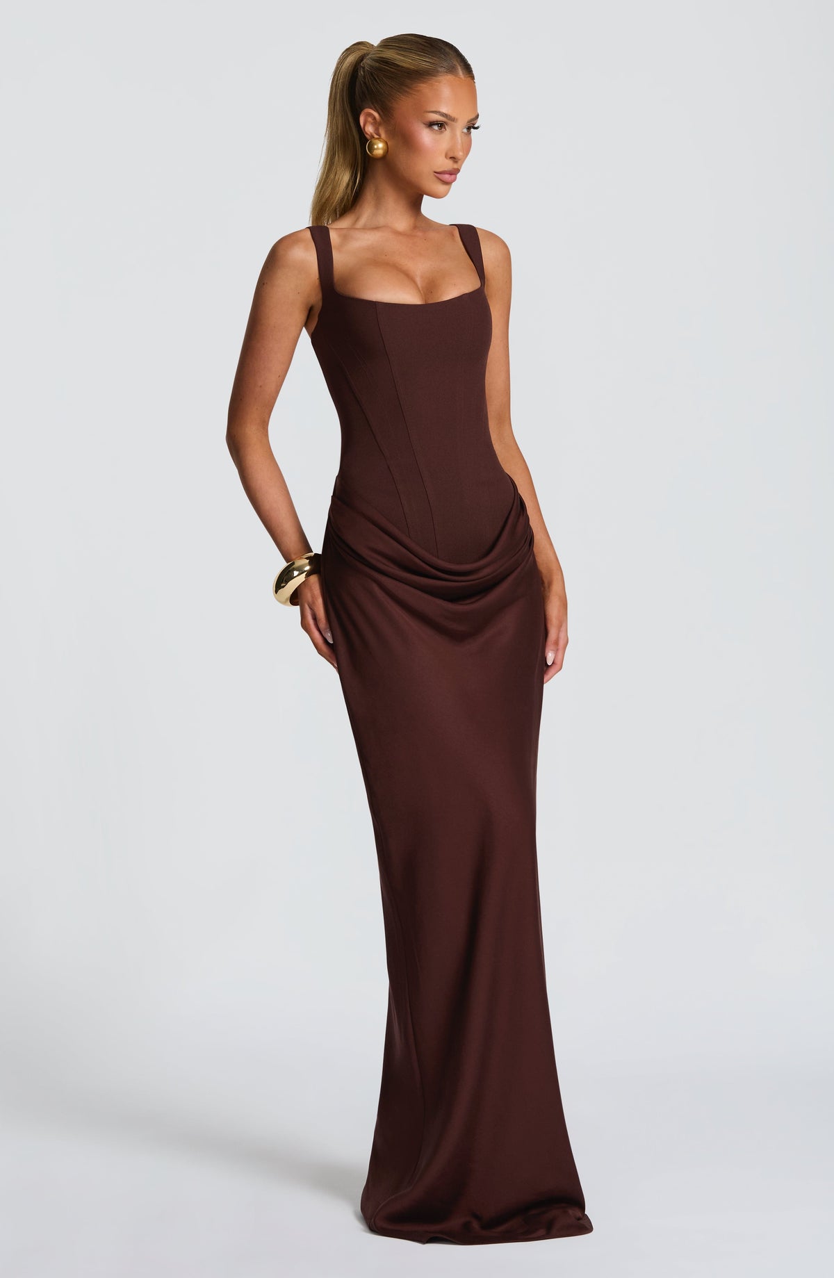 Cornelia Satin Maxi Dress in Black Plum Brown 3