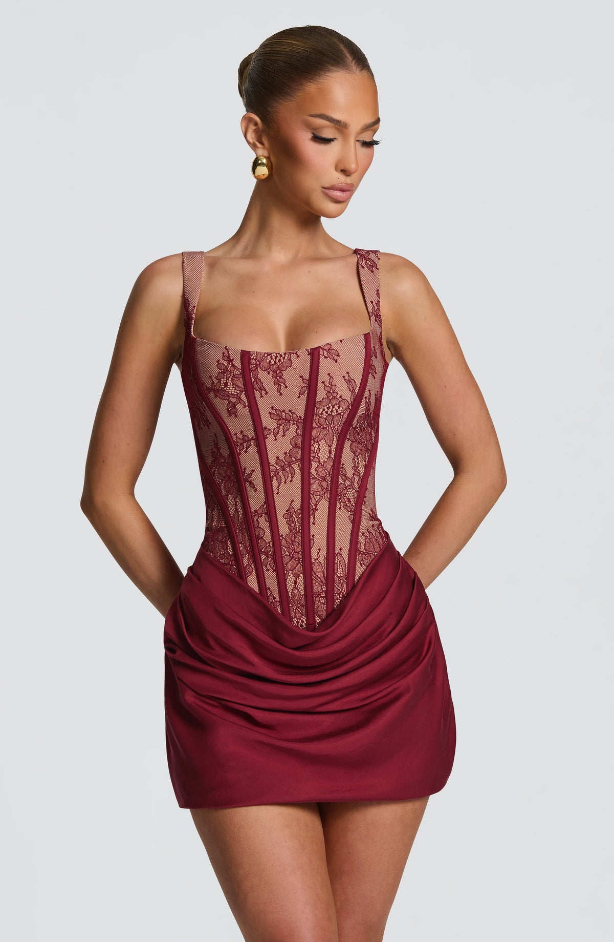 Cornelia Satin Mini Dress Burgundy Lace 4