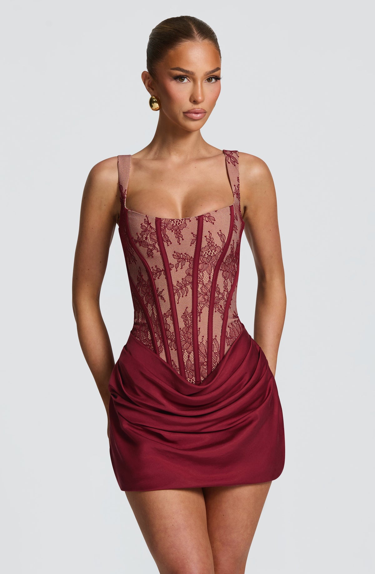 Cornelia Satin Mini Dress Burgundy Lace 7