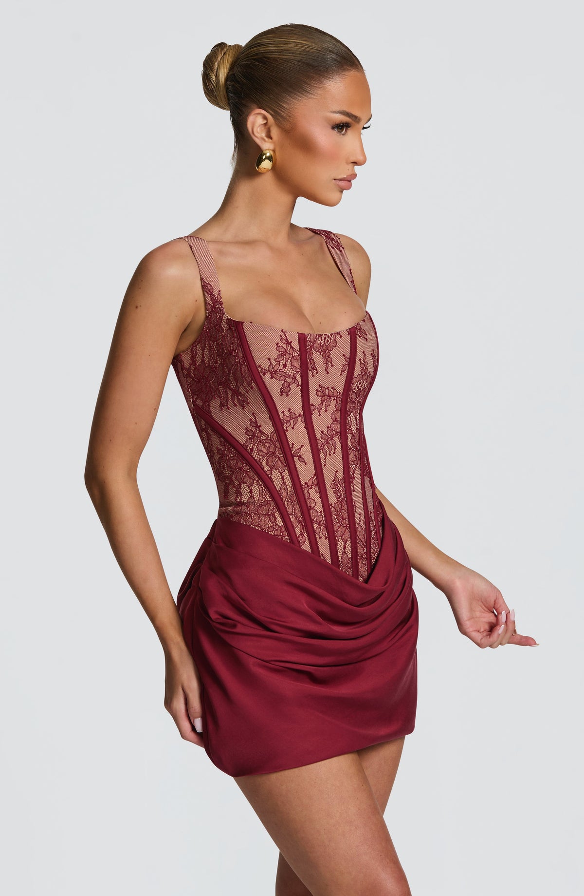 Cornelia Satin Mini Dress Burgundy Lace 5
