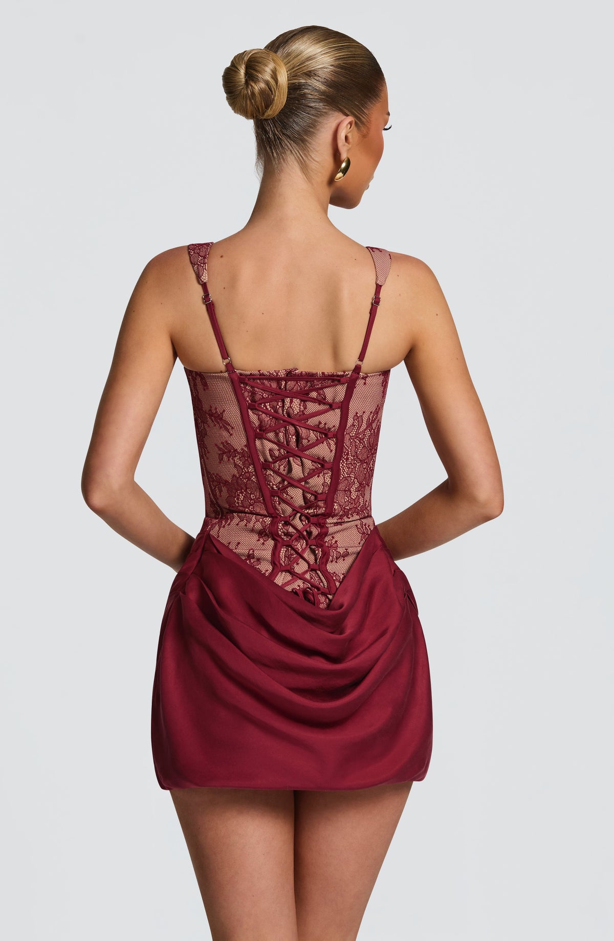 Cornelia Satin Mini Dress Burgundy Lace 2