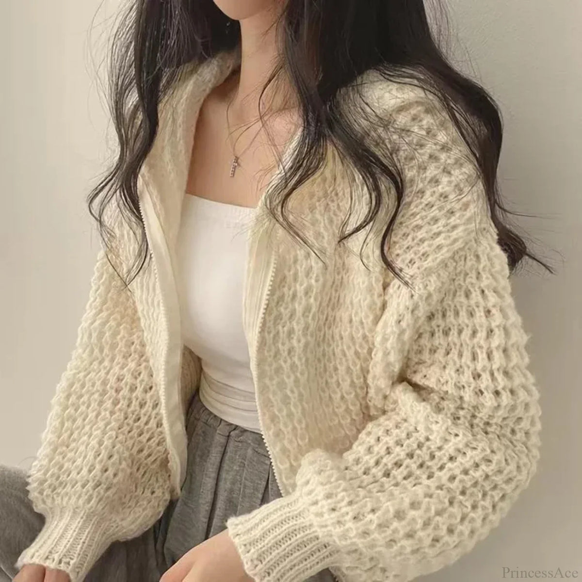Margot Hollow-Out Knit Cardigan Gray 2