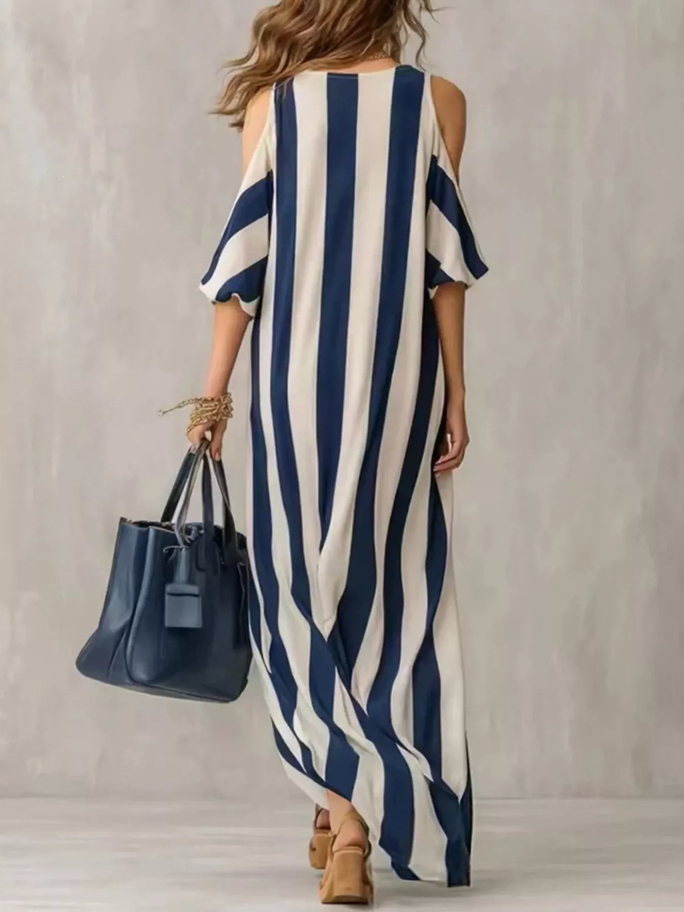 Isadora Striped Cold Shoulder Maxi Dress Dark Blue 2
