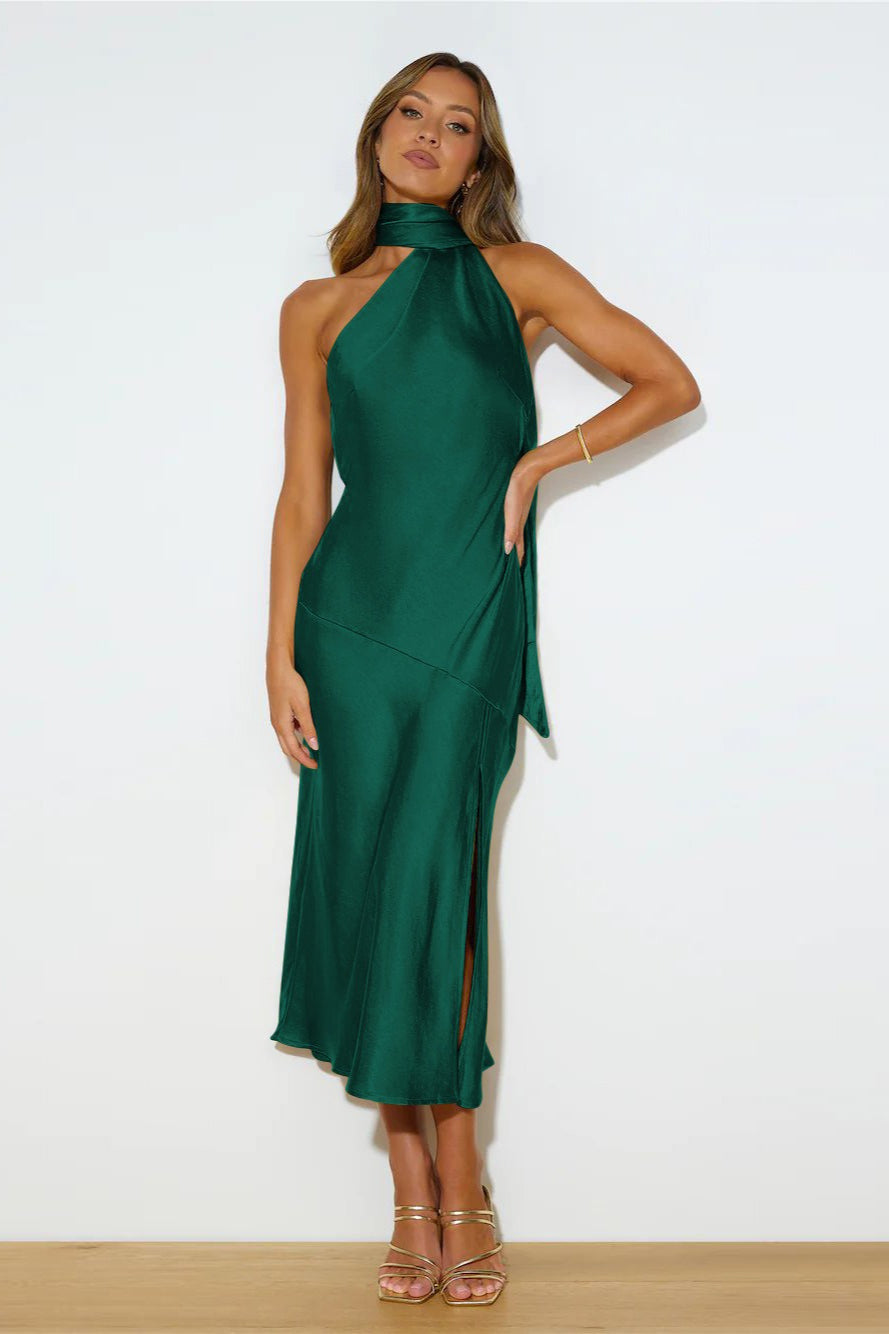 Vivienne Satin Backless Midi Dress Dark Green 3