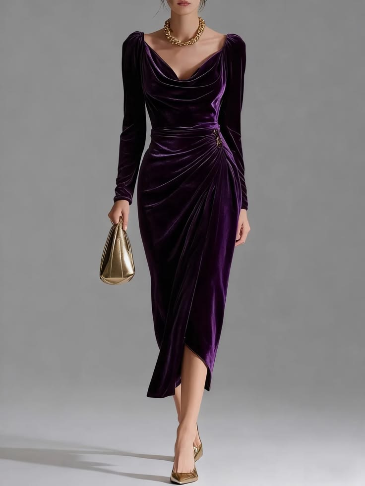 Violet Velvet Bodycon Midi Dress Gold 1