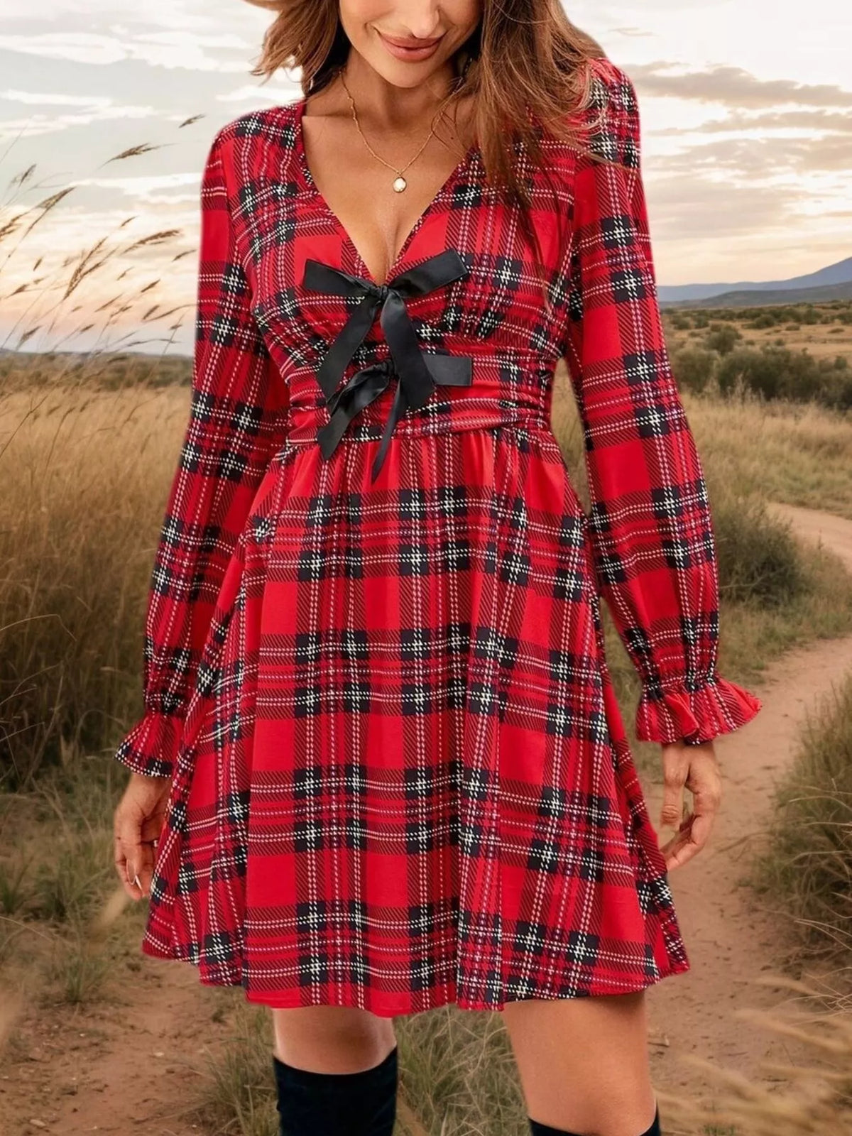 Rosalie Plaid Tie-Front Mini Dress Red 4