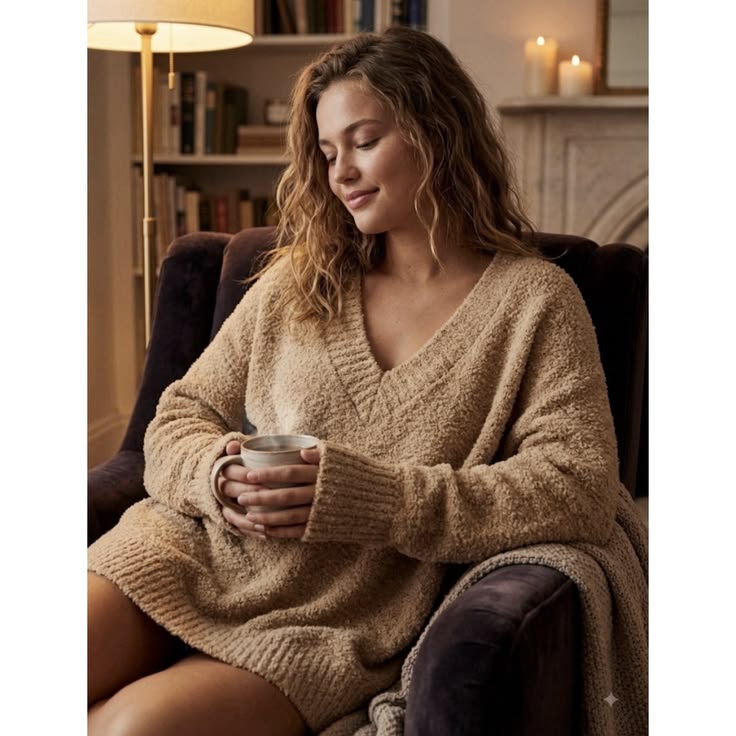 Aerie Fuzzy V-Neck Oversized Sweater Tan 1