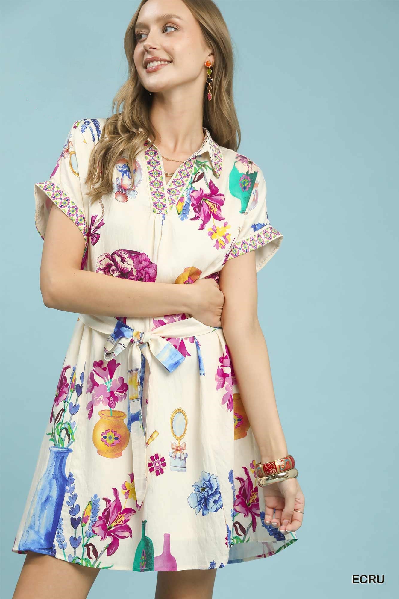 Margot Floral Mini Dress with Belt ECRU 1