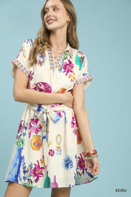 Margot Floral Mini Dress with Belt ECRU 1