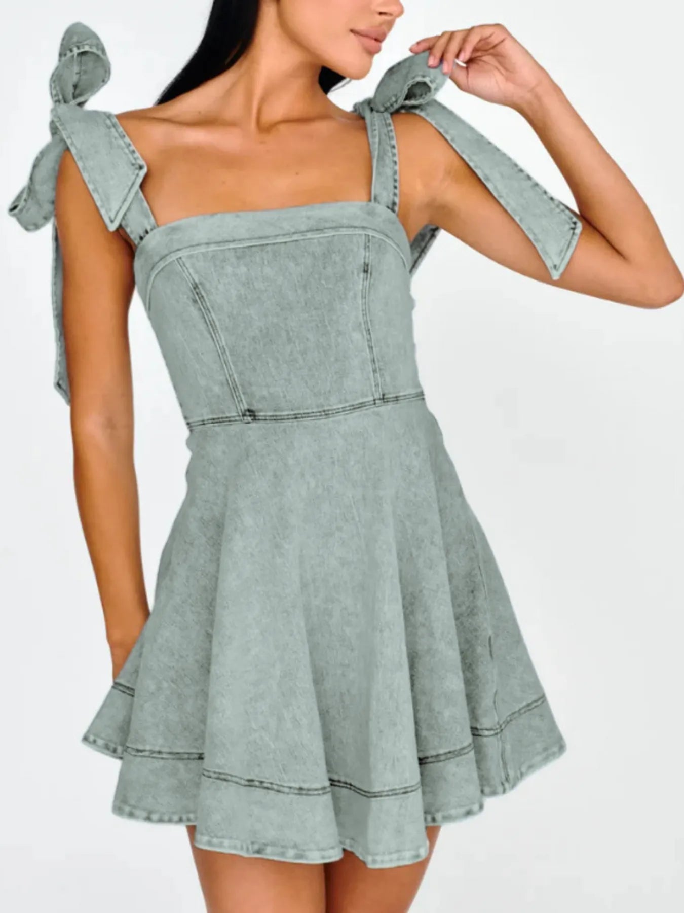 Rosalie Bow-Shoulder Denim Mini Dress Shoulder Square Neck Denim Mini Dress 4