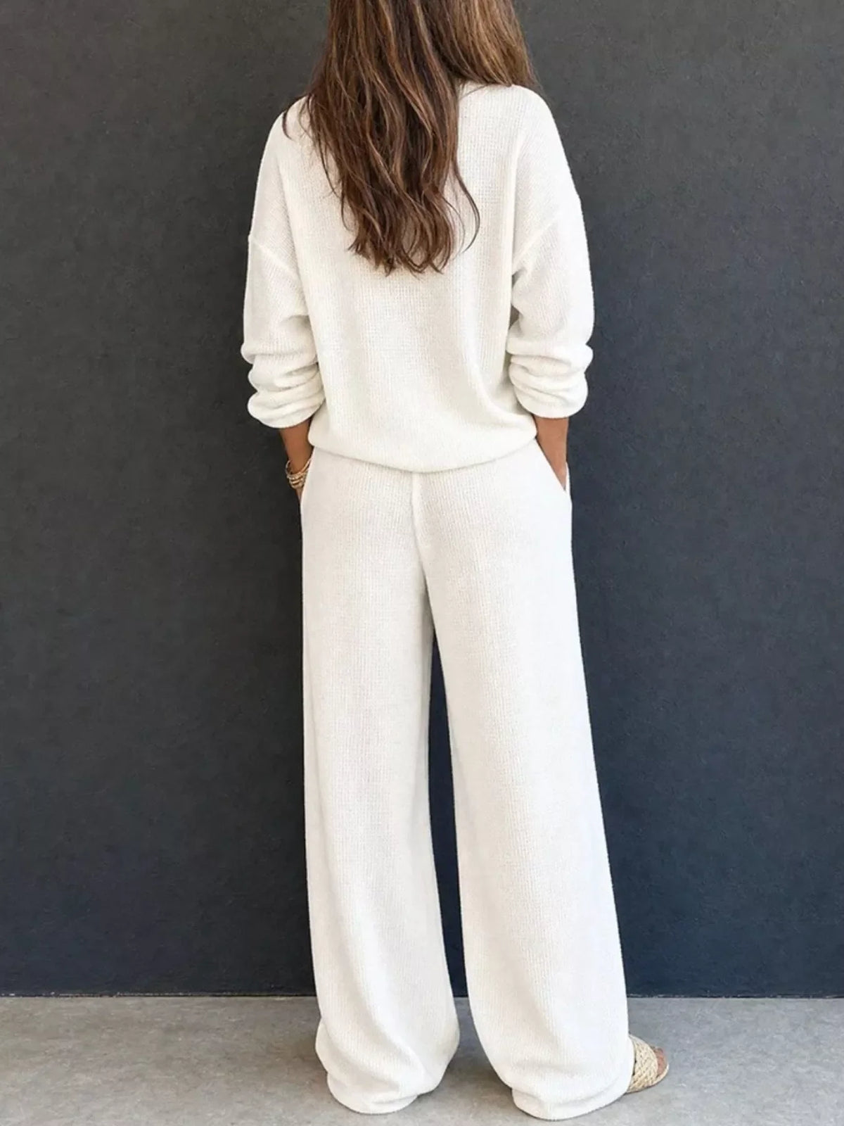Margot Waffle Knit Henley Top & Wide Leg Pants Set Light Blue 3