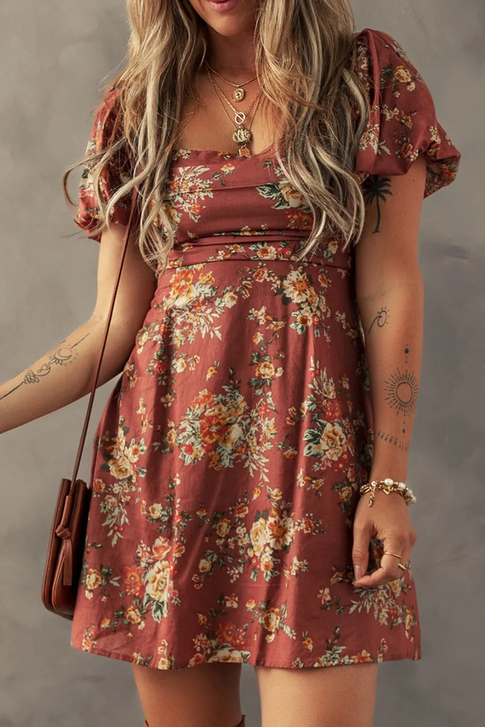 Arabella Floral Mini Dress Caramel 4