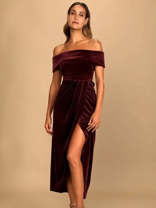 Saskia Burgundy Velvet Off-Shoulder Maxi Dress Burgundy 1