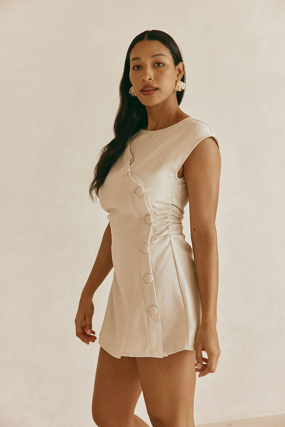 Leighton Button Flared Mini Dress in Beige 6