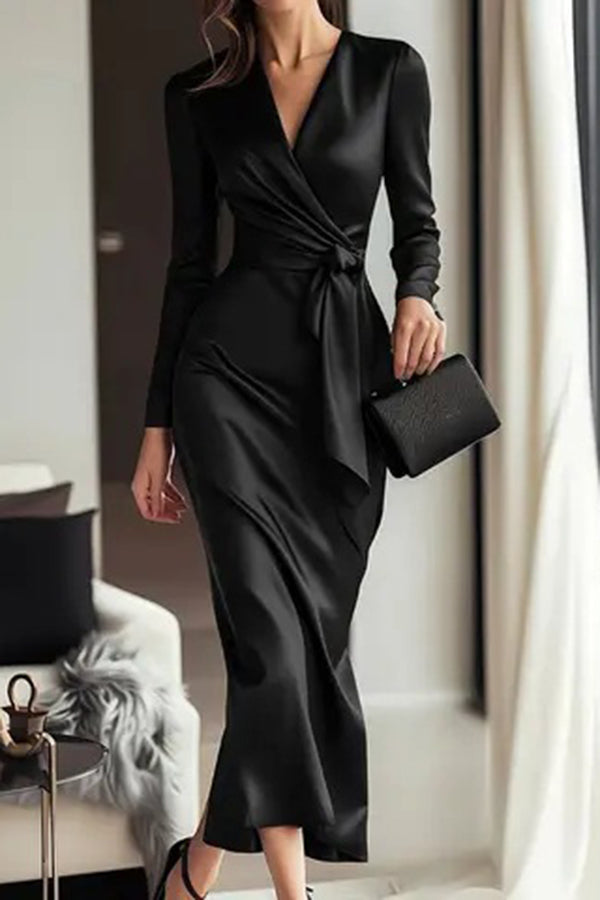 Celeste Satin Long Sleeve Midi Dress Black 1