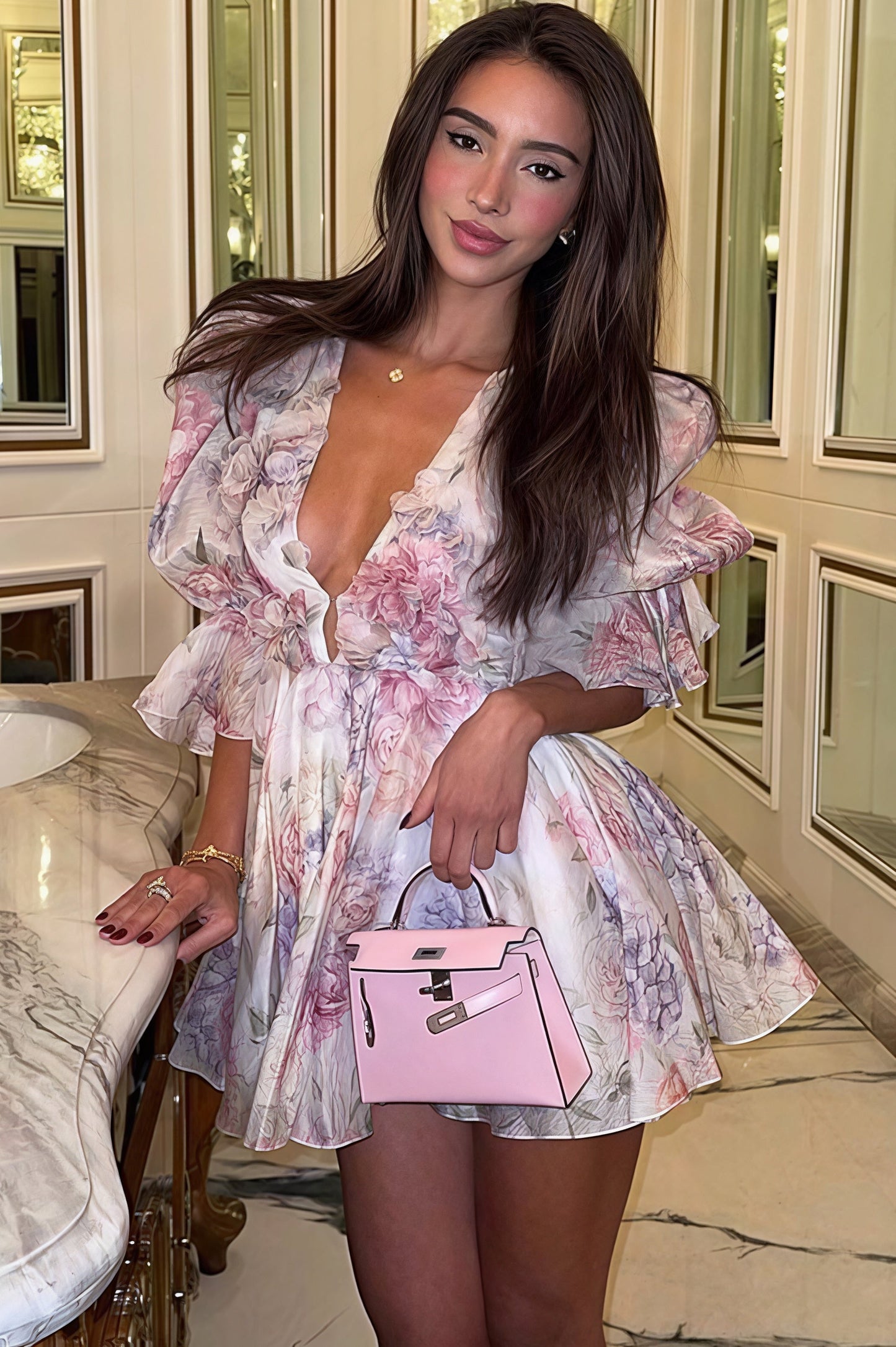 Arabella Floral Chiffon Mini Dress Pink 1