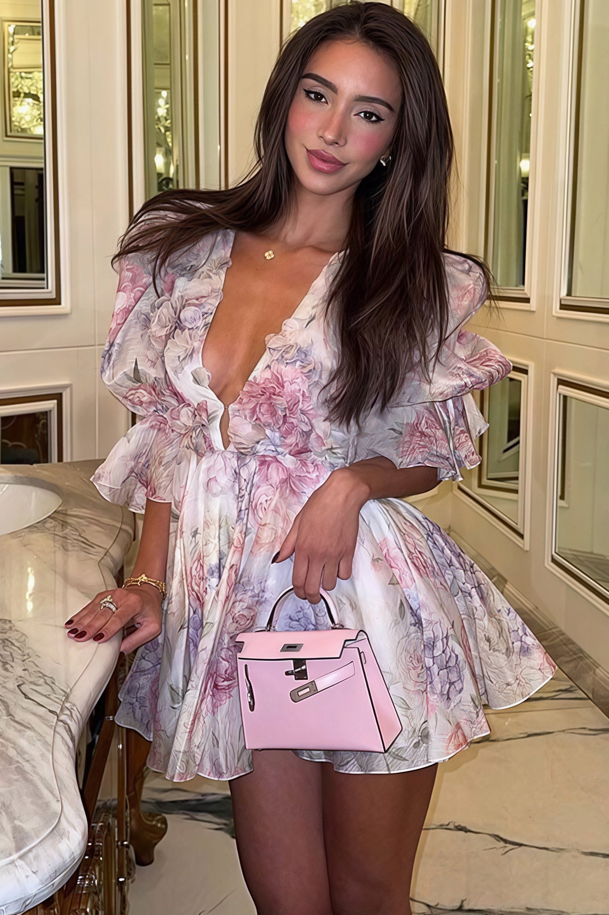 Arabella Floral Chiffon Mini Dress Pink 1