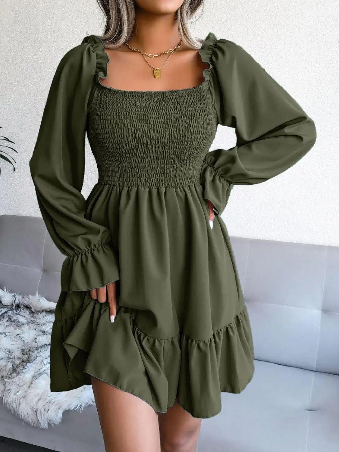 Celine Smocked Flounce Dress Olive 4