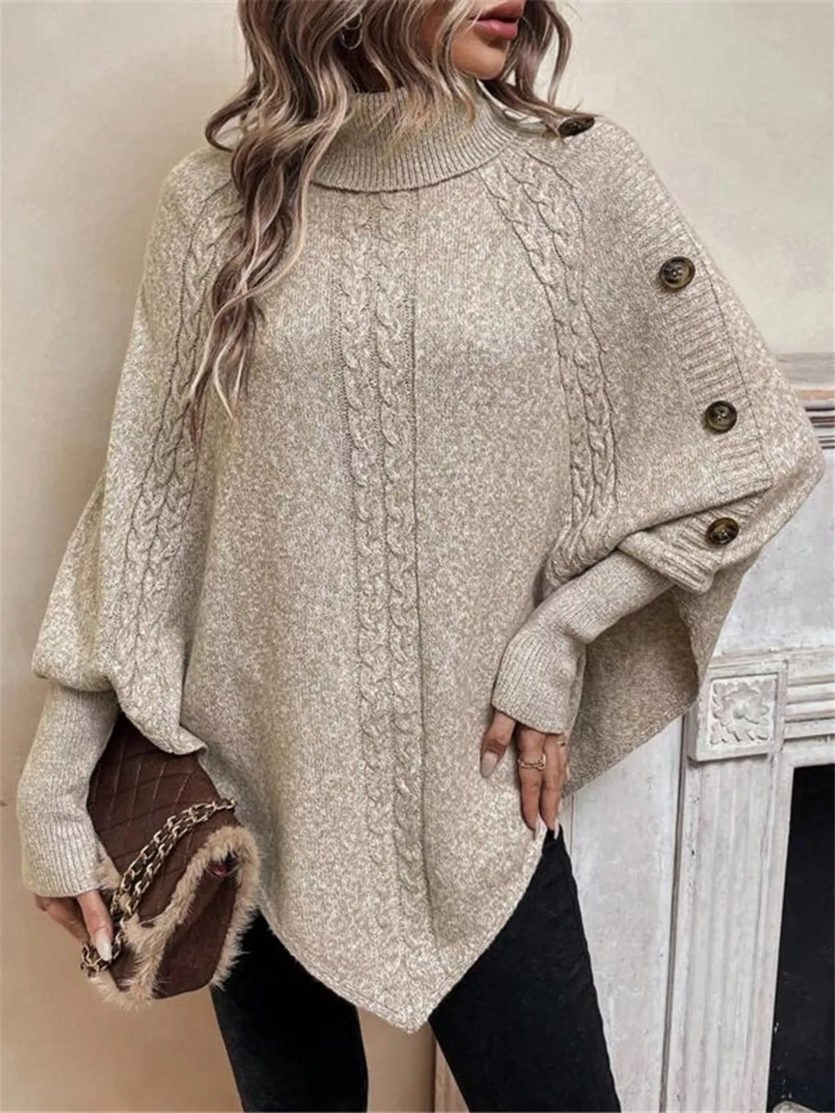 Margot Cable Knit Turtleneck Sweater Khaki Color 6