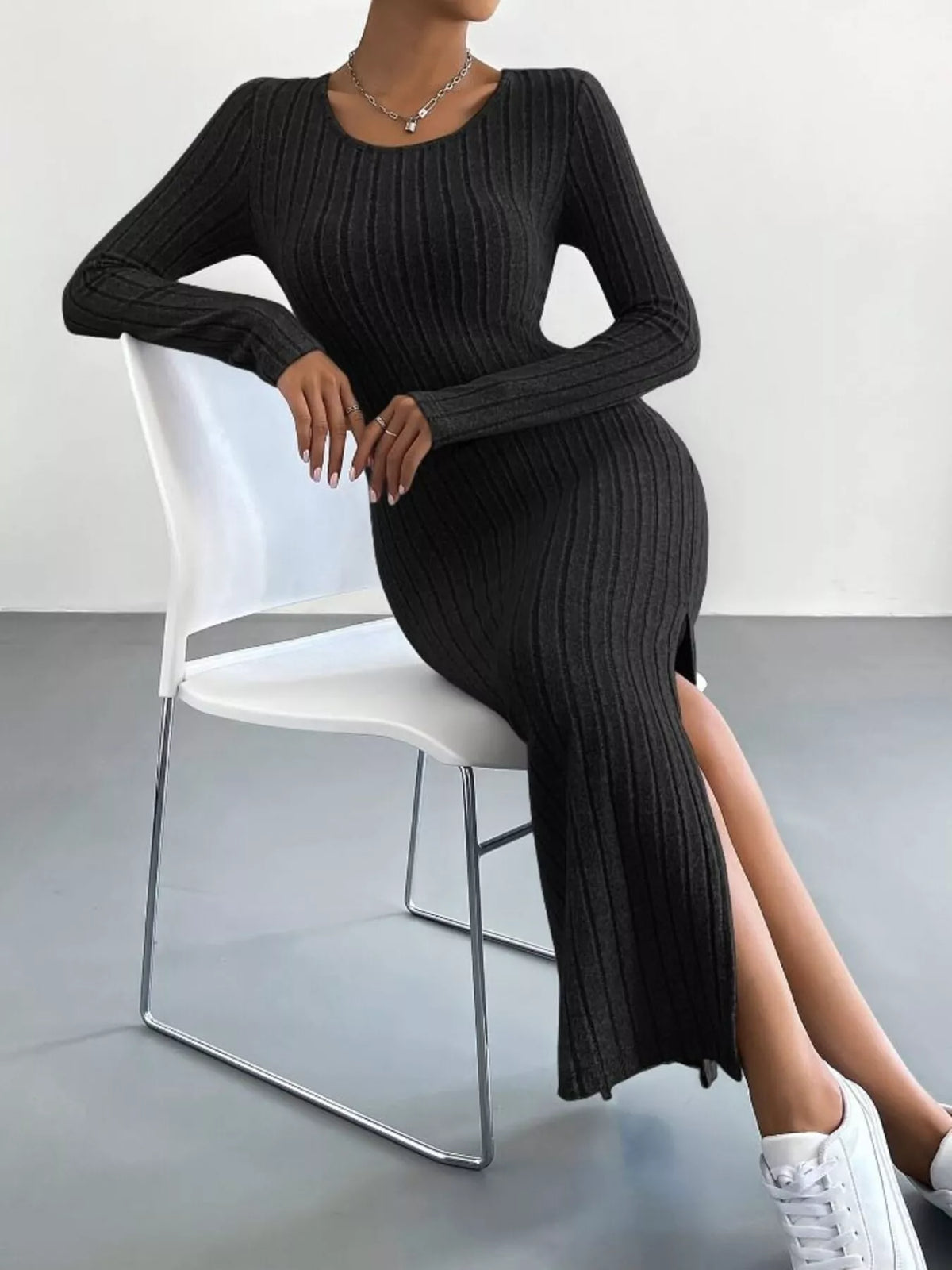 Marlowe Ribbed Knit Bodycon Midi Dress Light Gray 1