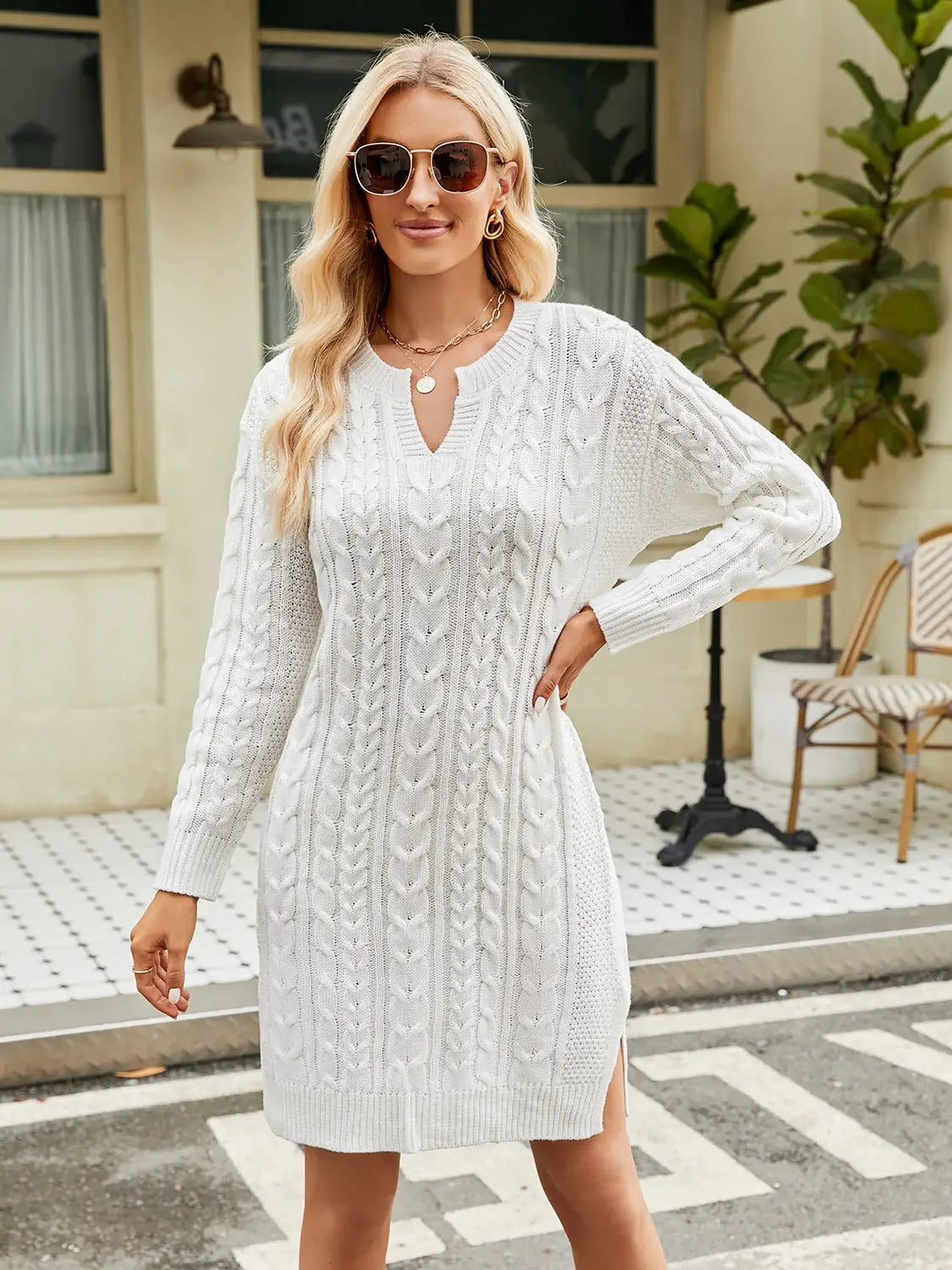 Vivienne Cable-Knit Sweater Dress Wine 1