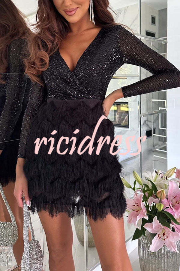 Vivienne Sequin Fringe Mini Dress Black 7