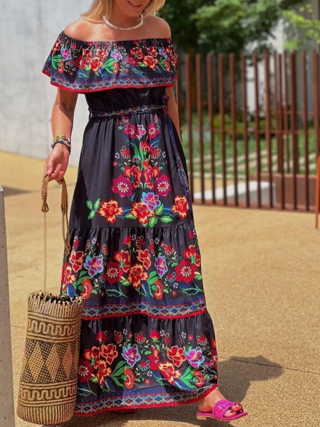 Aurelia Floral Off-Shoulder Maxi Dress Black 7